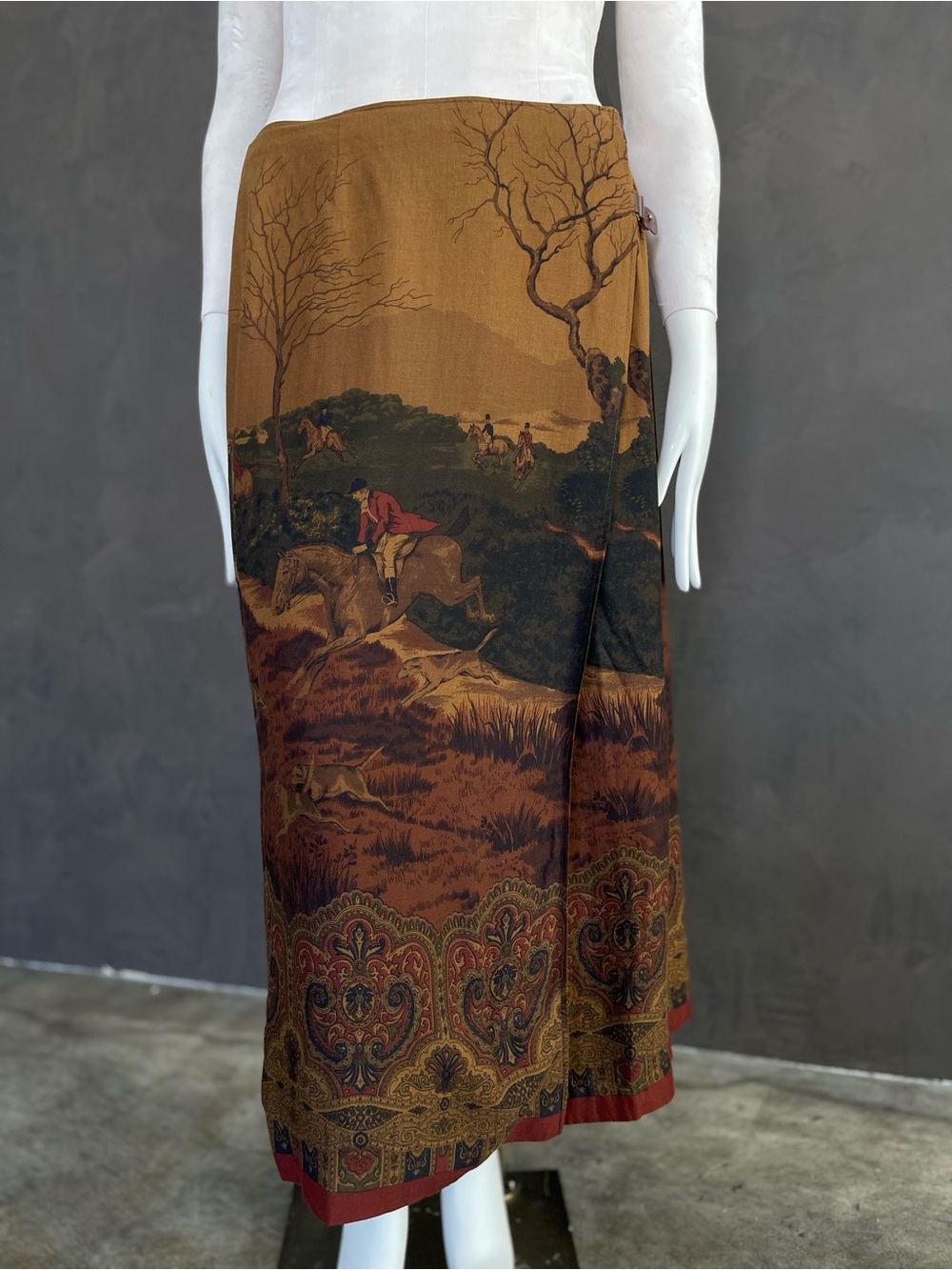 Lauren Ralph Lauren 16W Brown Linen Scenic Hunt Toile Buckle Maxi Wrap Skirt
